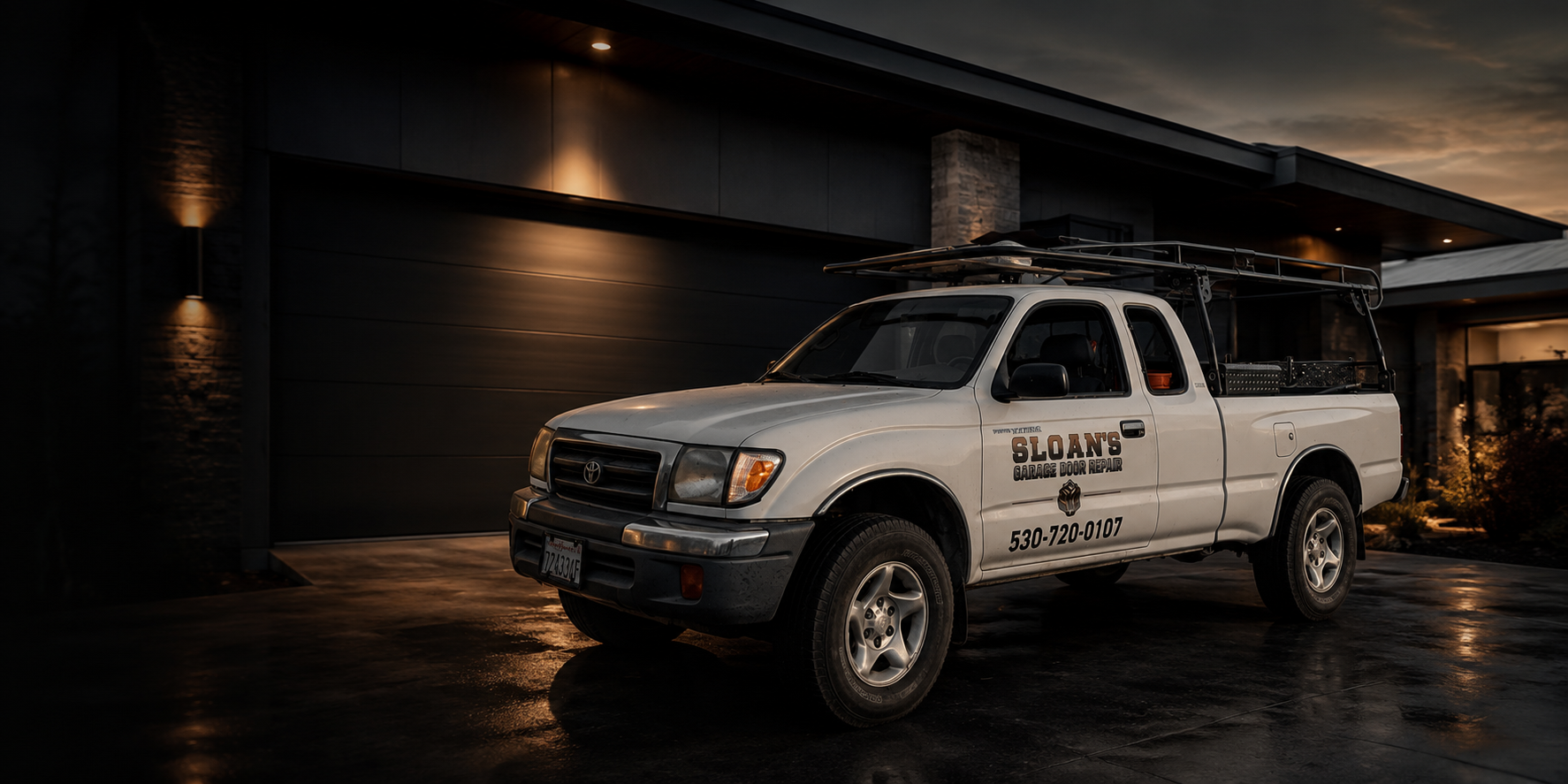 Sloan's white Toyota service truck parked in front of a modern garage door at dusk