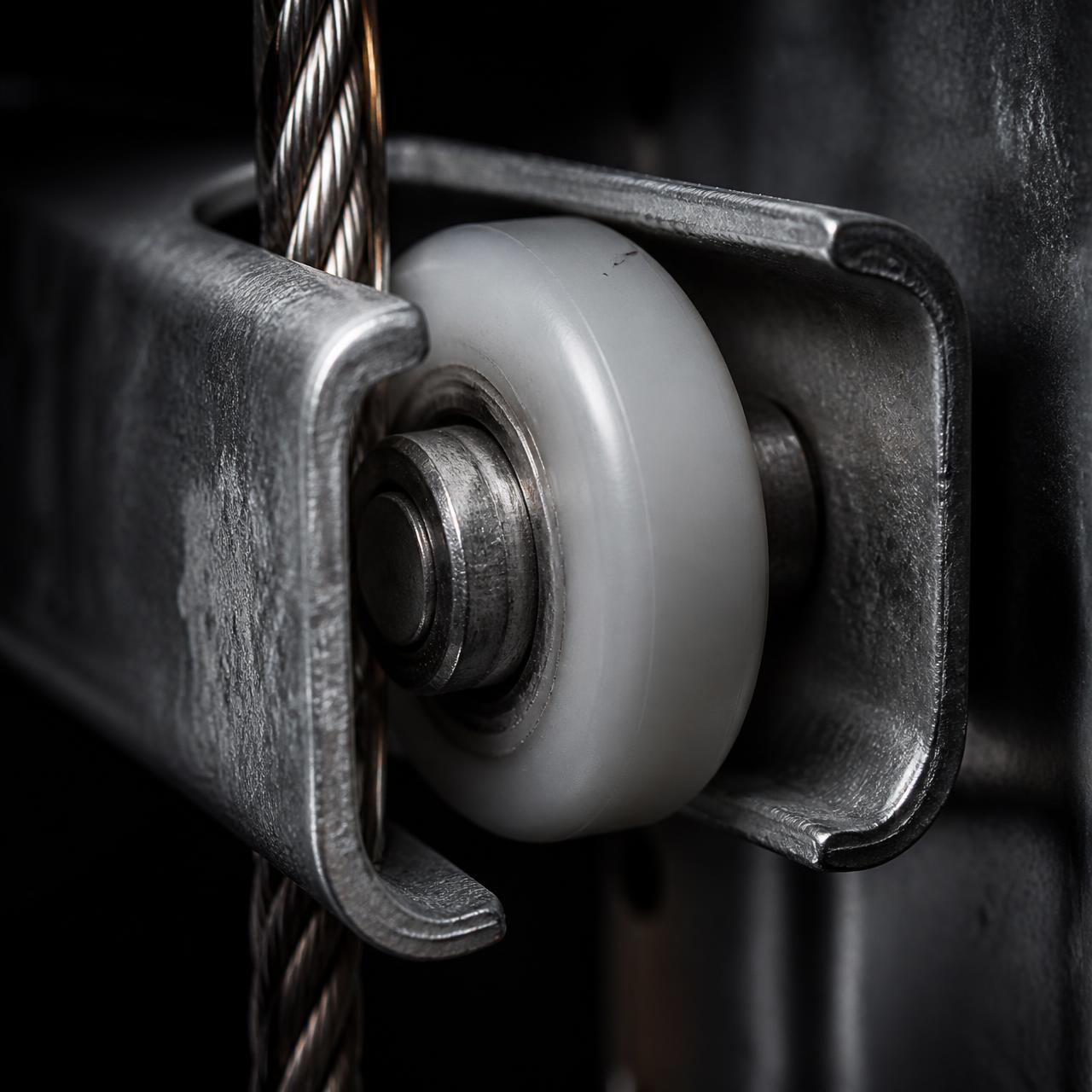 Macro photo of a garage door roller in a steel track next to a lift cable